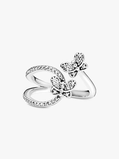 Butterfly silver open ring with clear cubic zirconia