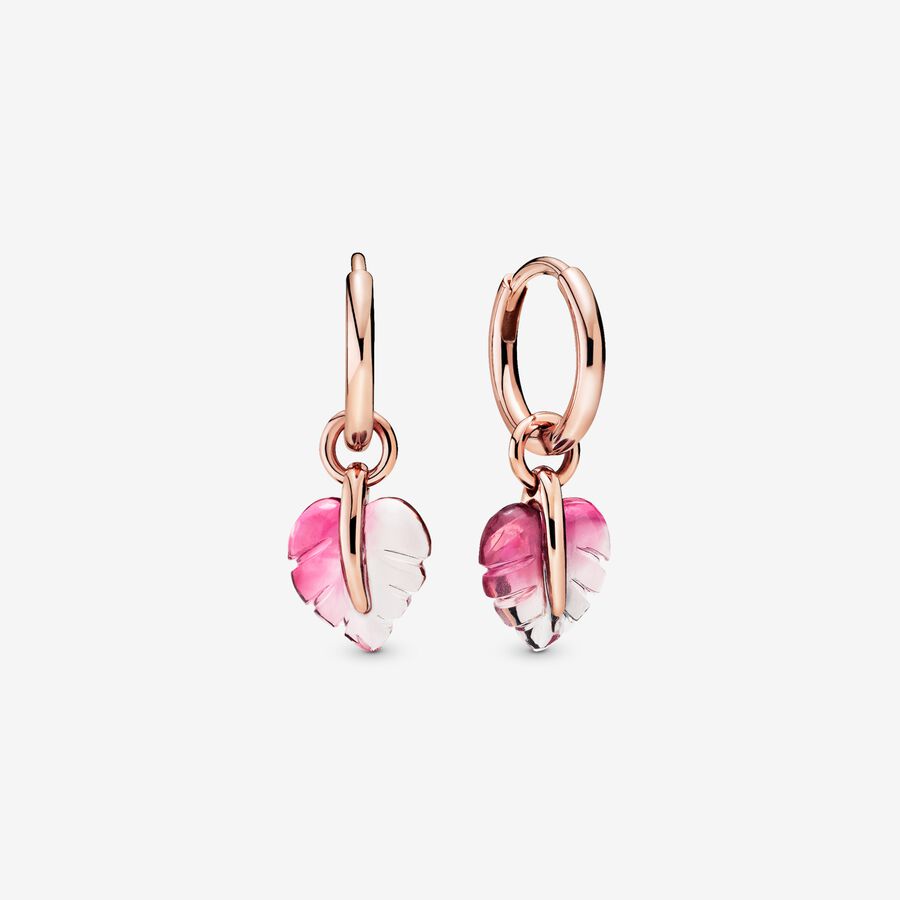 Pink Murano Glass Leaf Hoop Earrings image number 0
