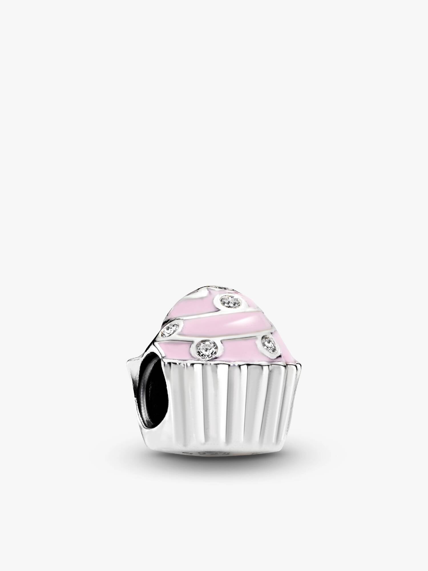 Cupcake silver charm with clear cubic zirconia and pink enamel