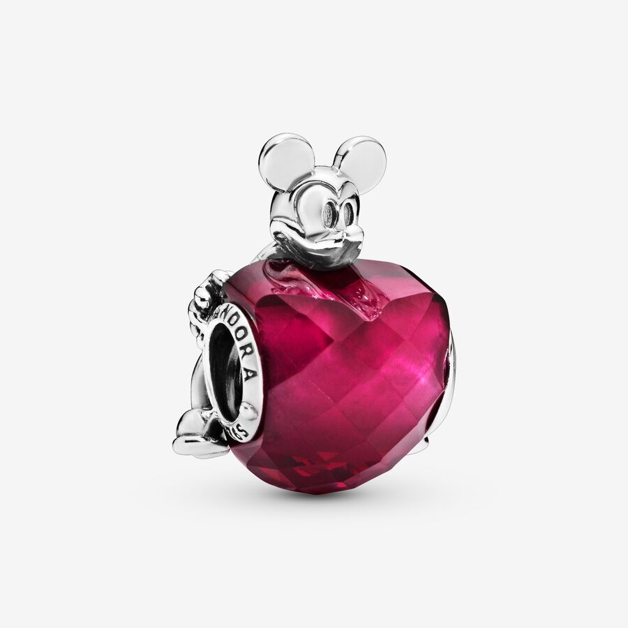 Disney Mickey silver heart charm with fuchsia rose crystal image number 0