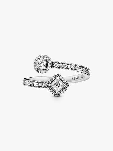 Open silver ring with clear cubic zirconia