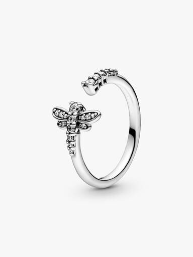 Dragonfly sterling silver open ring with clear cubic zirconia