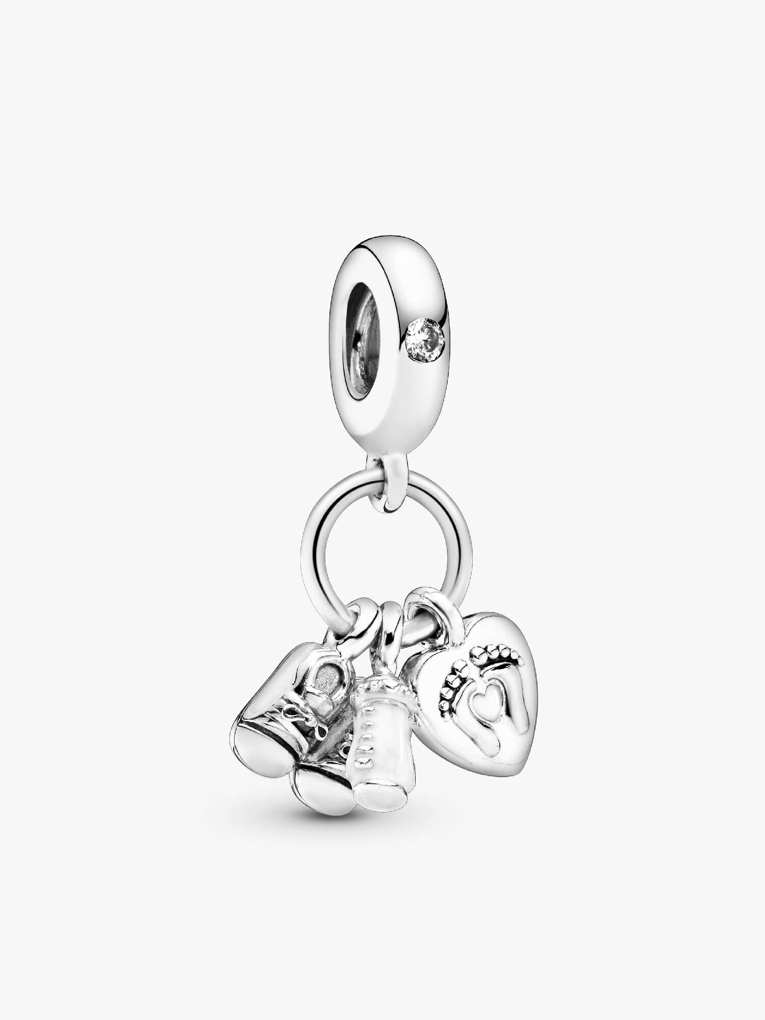 Shoes, baby bottle and heart silver dangle with clear cubic zirconia and white enamel