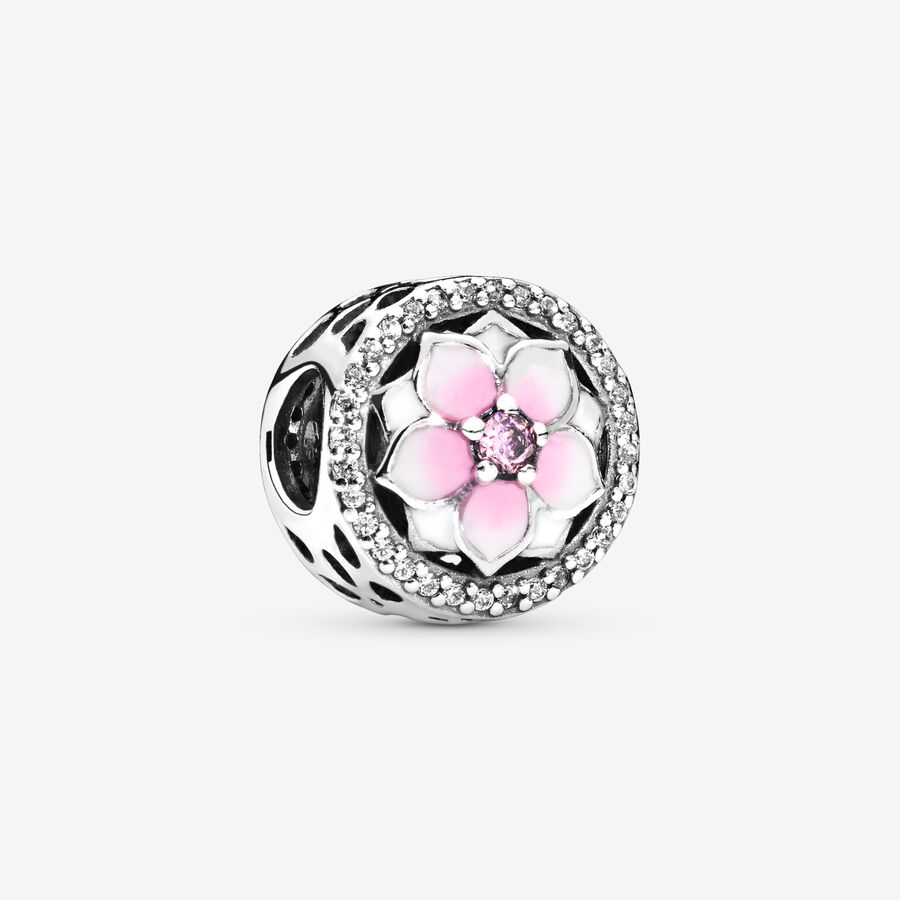 Magnolia silver charm with pink cubic zirconia, clear cubic zirconia, white and shaded pink enamel image number 0