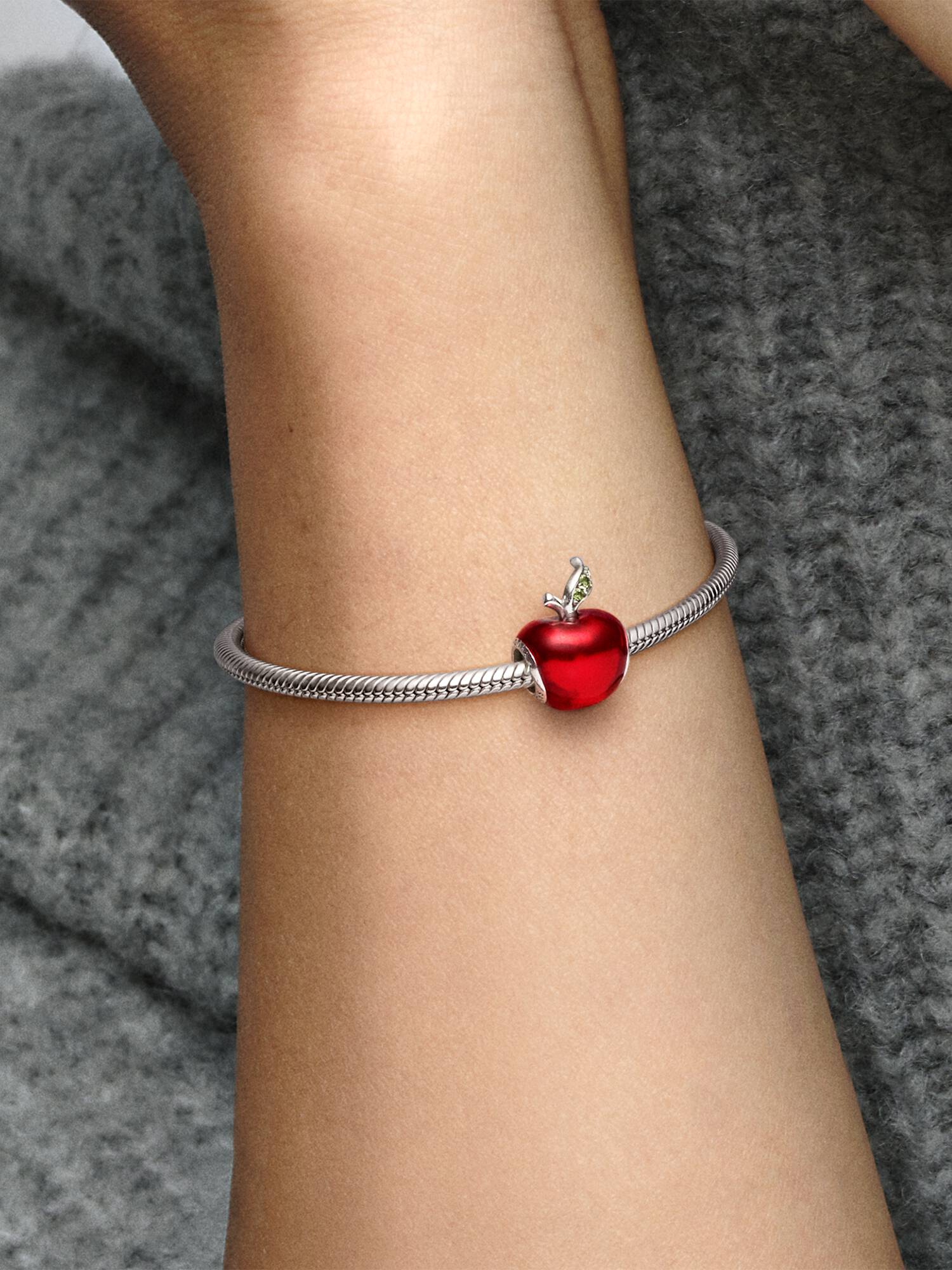 Disney Snow White apple silver charm with red enamel and dark green cubic zirconia