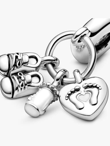 Shoes, baby bottle and heart silver dangle with clear cubic zirconia and white enamel