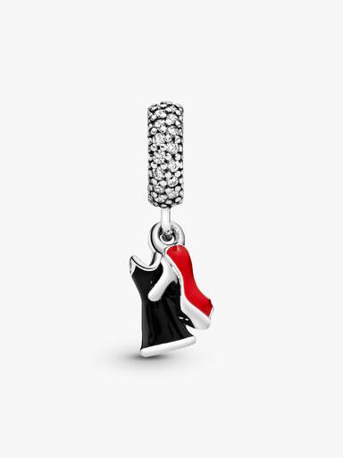 Shoe, dress and lipstick silver dangle with clear cubic zirconia, red and black enamel