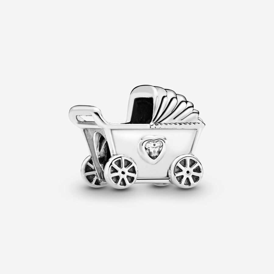 Baby carriage silver charm with clear cubic zirconia image number 0