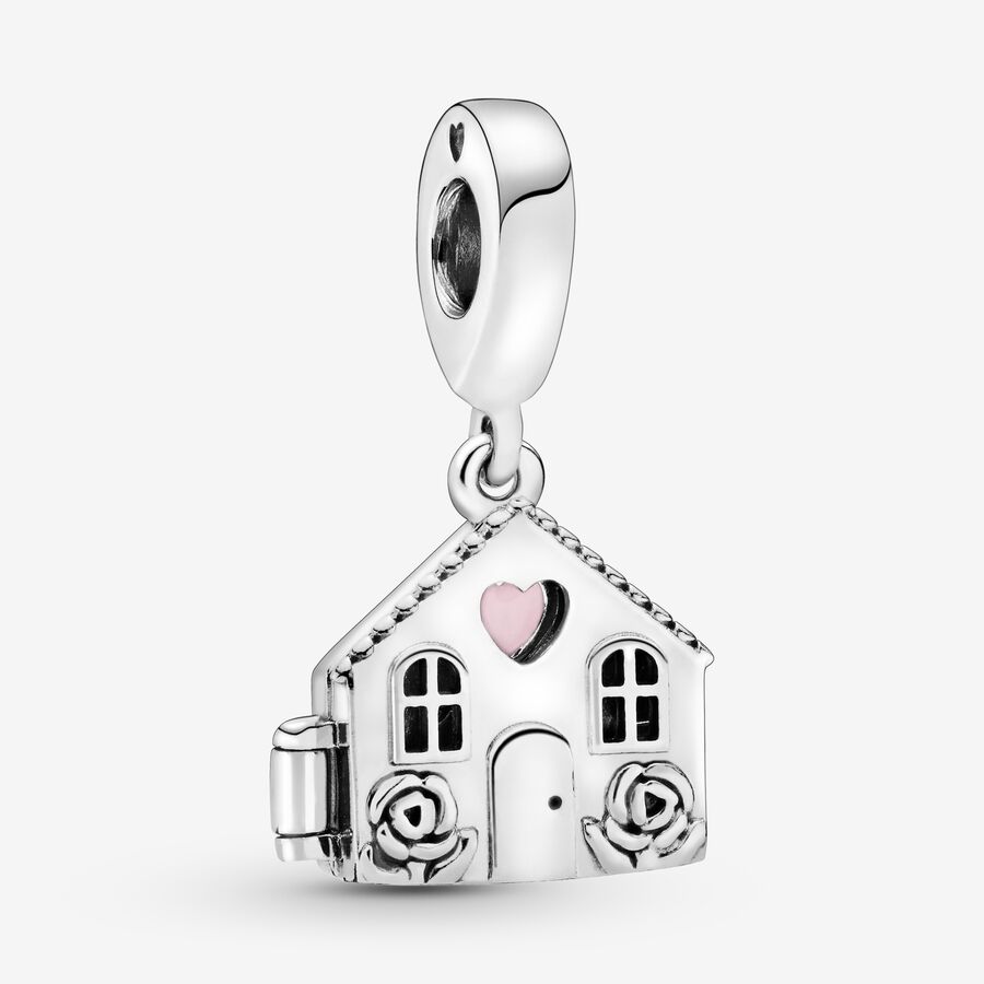 House silver dangle with pink enamel image number 0