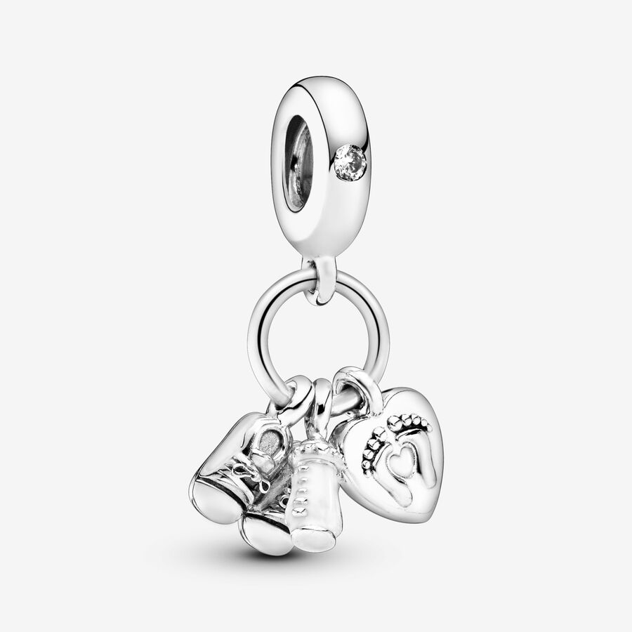 Shoes, baby bottle and heart silver dangle with clear cubic zirconia and white enamel image number 0