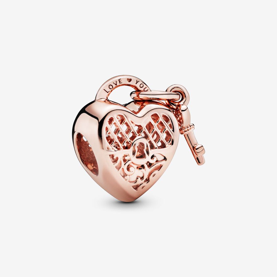 Heart padlock and key 14k rose gold-plated charm image number 0