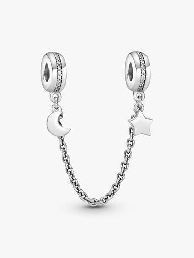 Moon and star silver safety chain with clear cubic zirconia