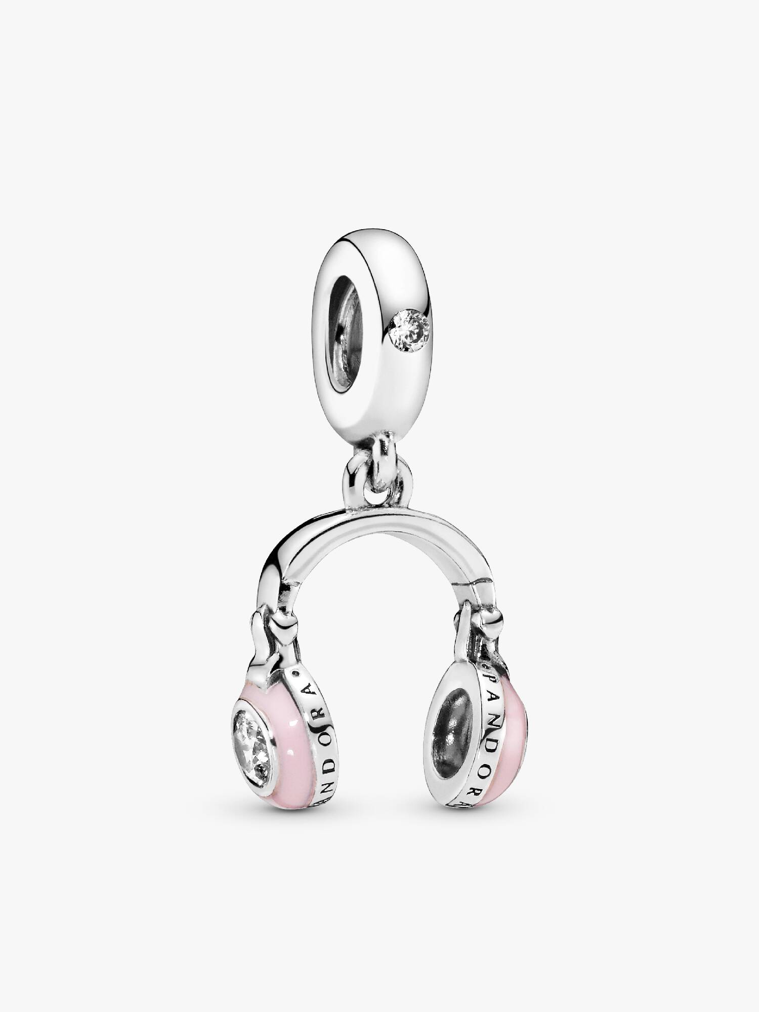 Headphones silver dangle with clear cubic zirconia and pink enamel