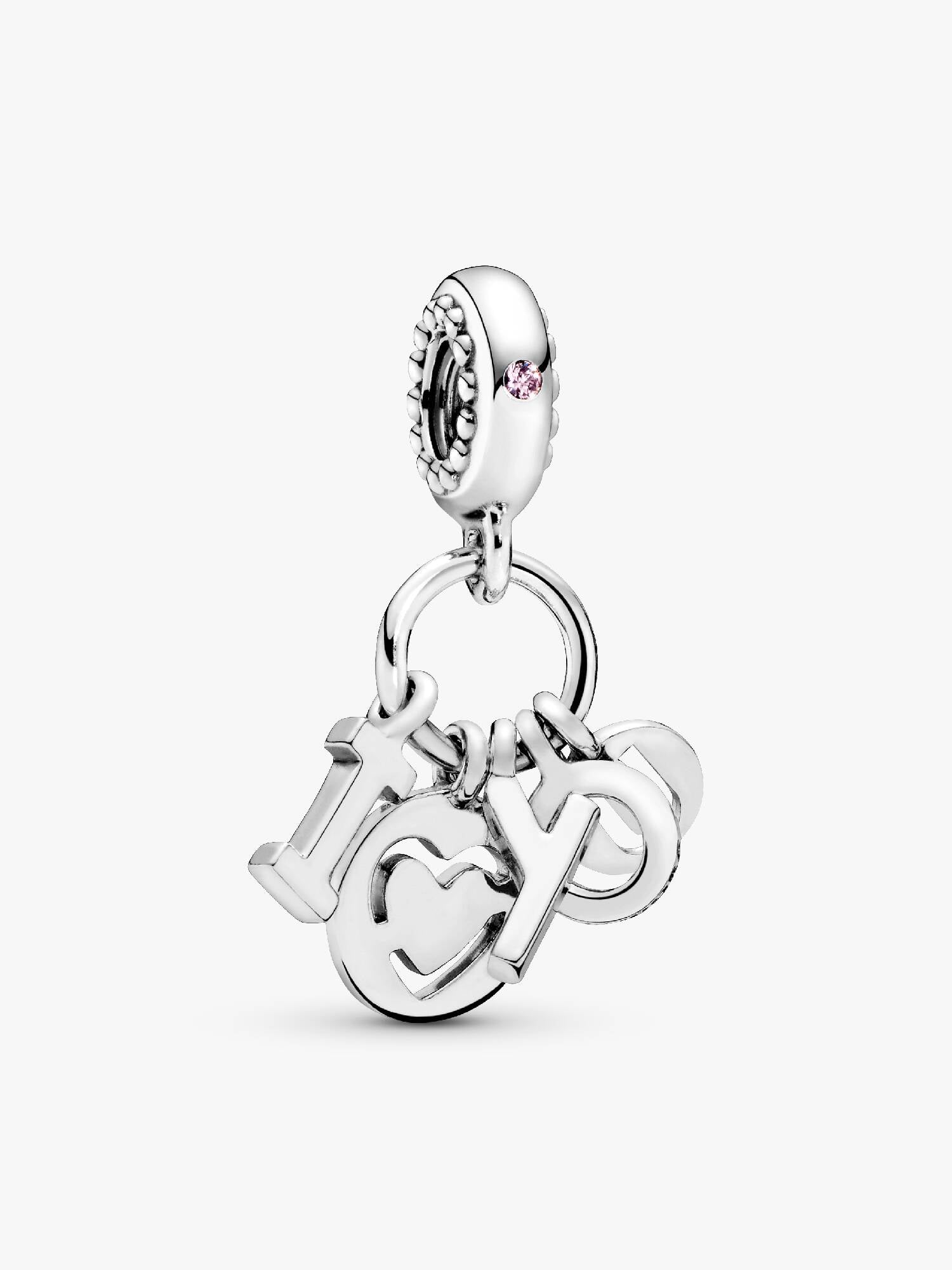 I love you silver dangle with fancy fuchsia pink cubic zirconia