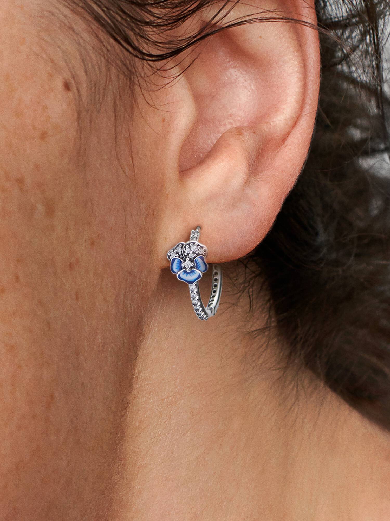Blue Pansy Flower Hoop Earrings