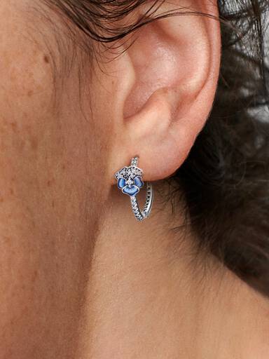 Blue Pansy Flower Hoop Earrings