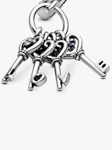 Love keys silver dangle with pink mist, royal purple, royal blue crystal and red cubic zirconia