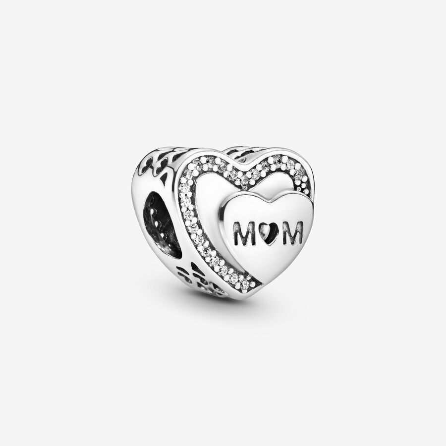 Mum heart silver charm with clear cubic zirconia image number 0