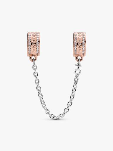 14k Rose gold-plated logo safety chain with clear cubic zirconia, silicone grip and silver chain